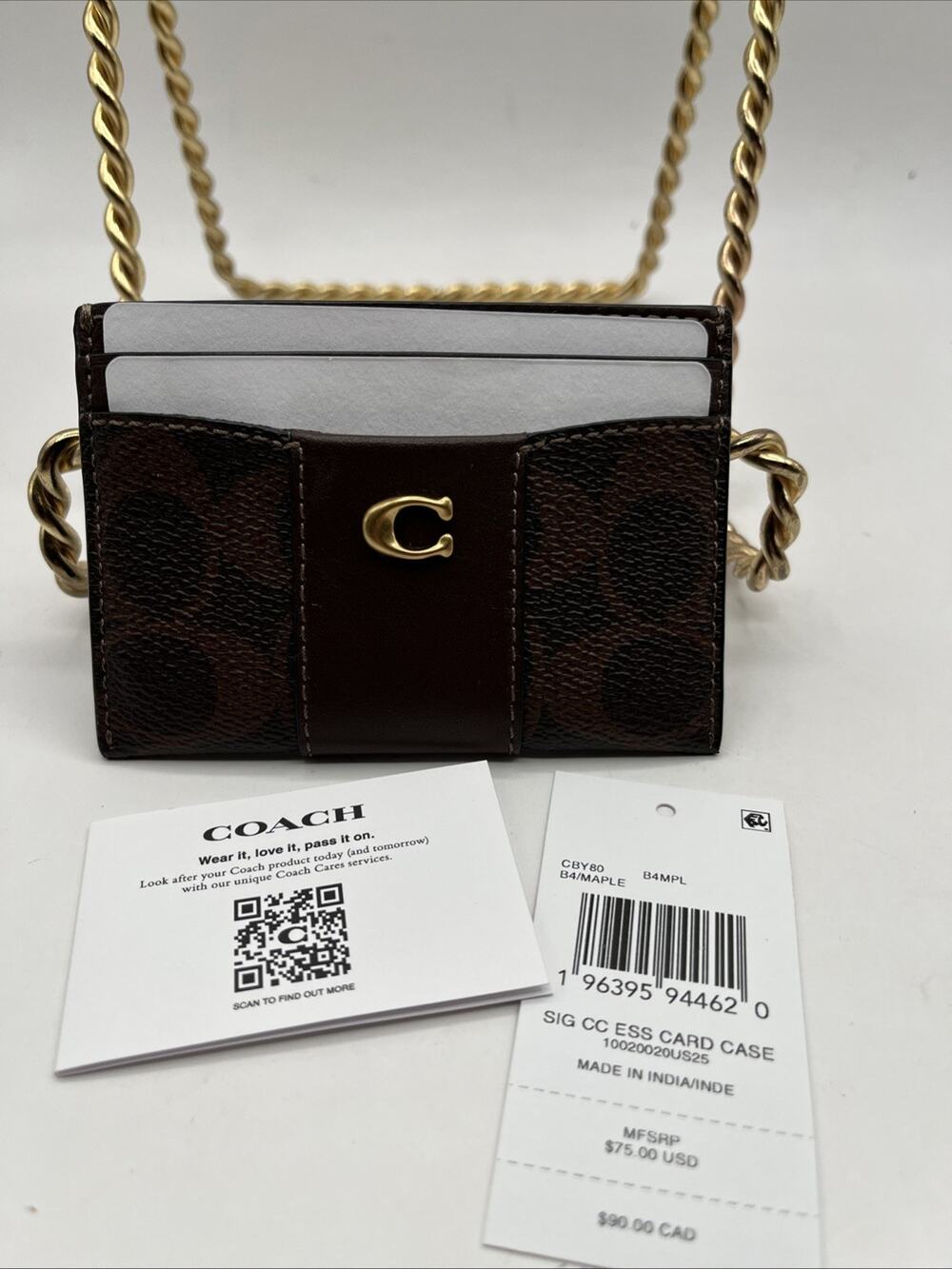 NWT Coach CBY80 Essential Card Case In Signature Canvas Leather Maple Brown Bras